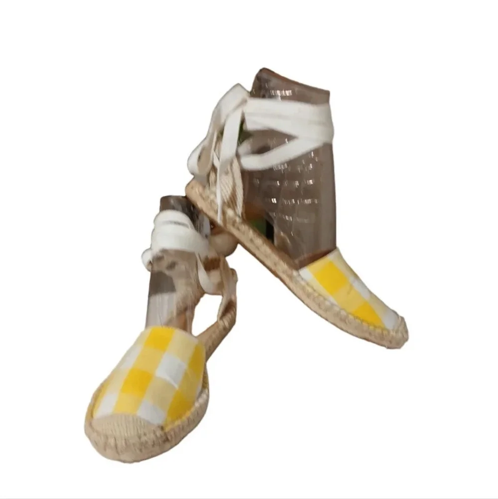 J CREW YELLOW AND WHITE GINGHAM LACE UP D'ORSAY ESPADRILLE SANDALS 6.5